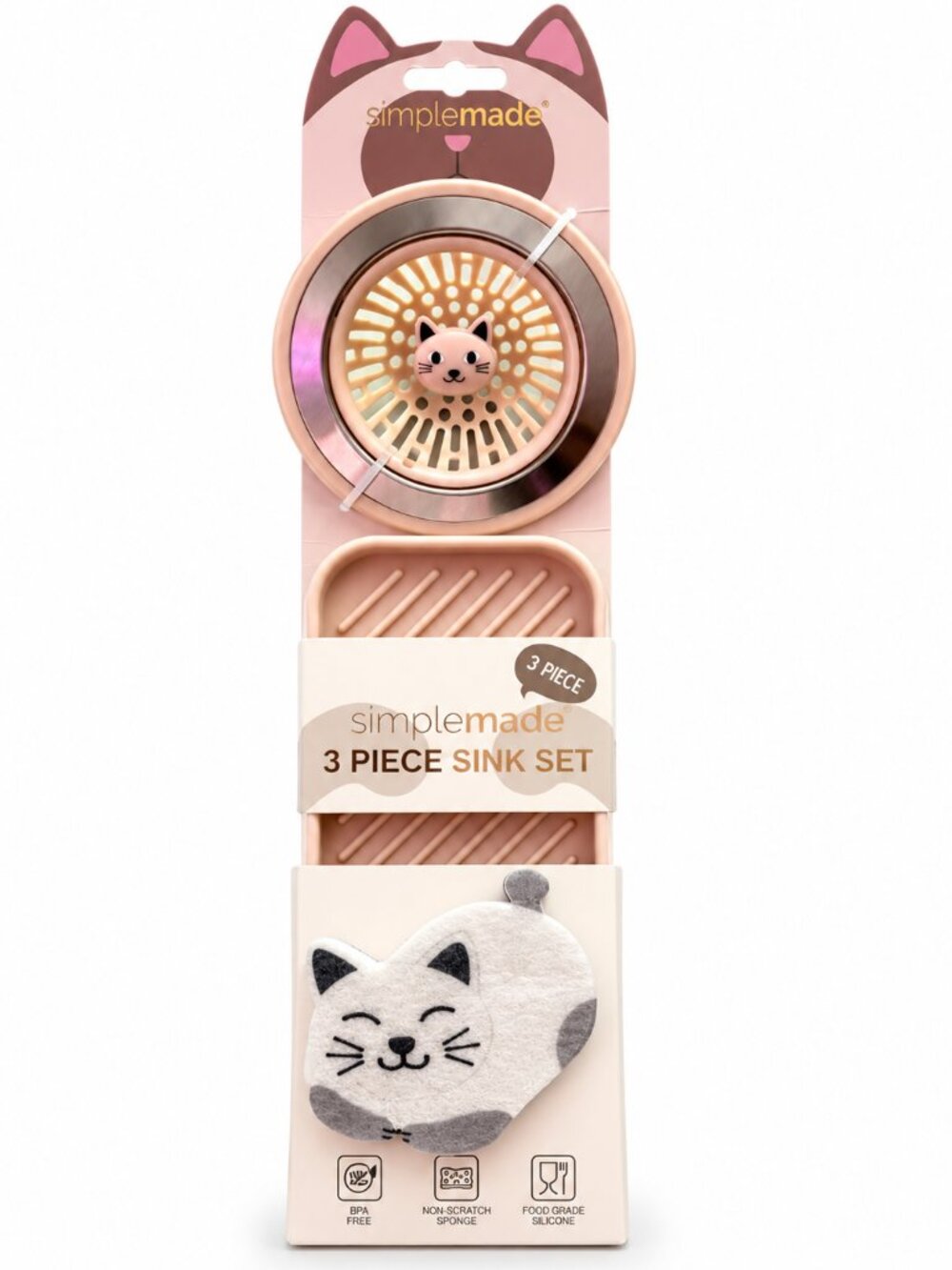 Simplemade 3 Piece Cat Sink Set Pink Strainer Soap Dish Sponge Kitchen New